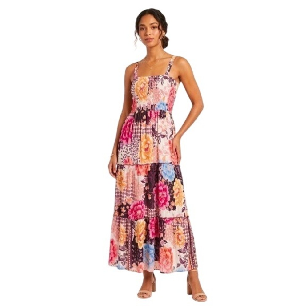 Me 2 Magic Women's Boho Floral Pink‎ Maxi Dress Tiered Spaghetti Straps XL